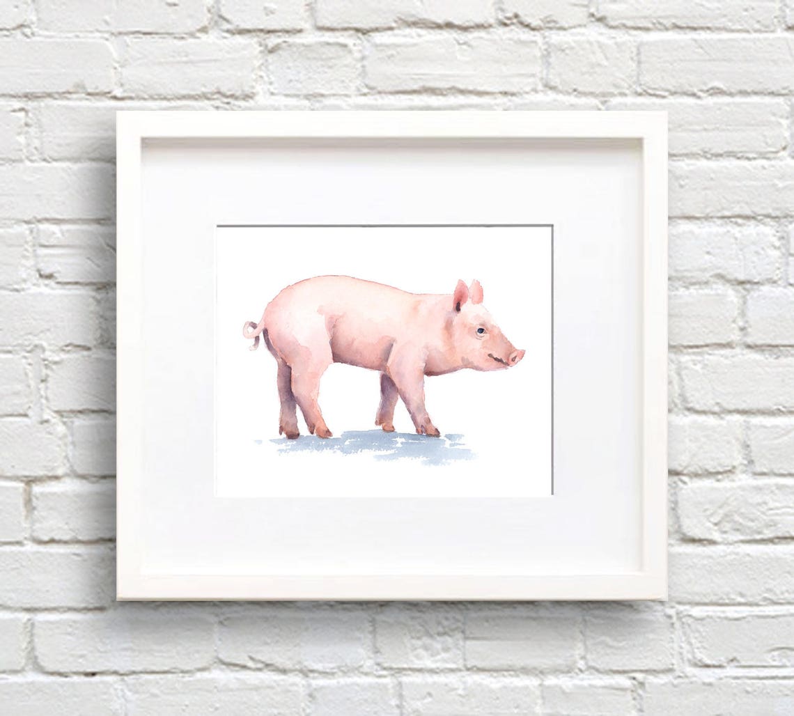 Sweet Blush Pink Pig Standing Watercolor Farm Animal Nursery Poster