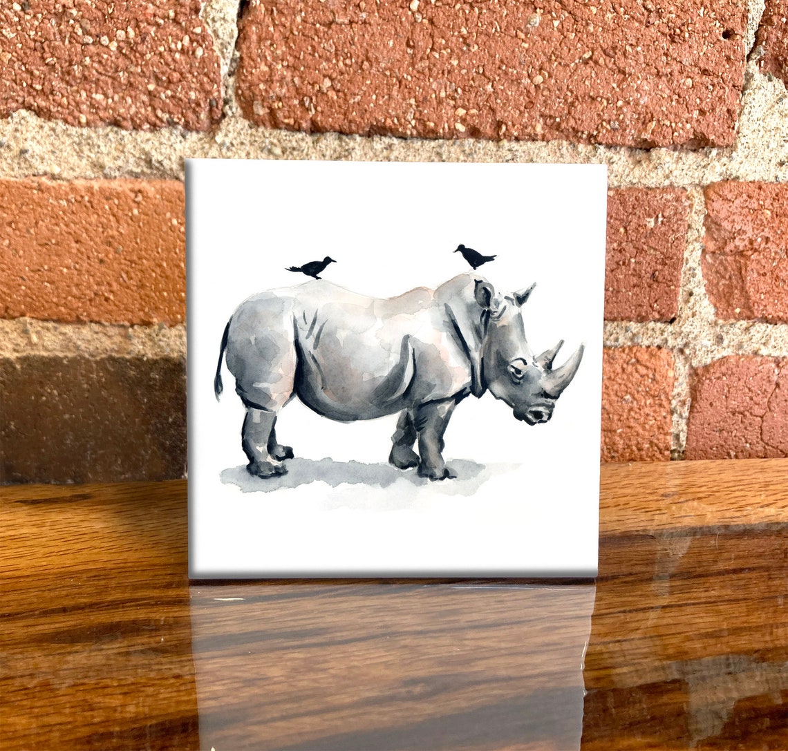 Watercolor Rhino with Oxpecker Birds Ceramic Decorative Art Poster