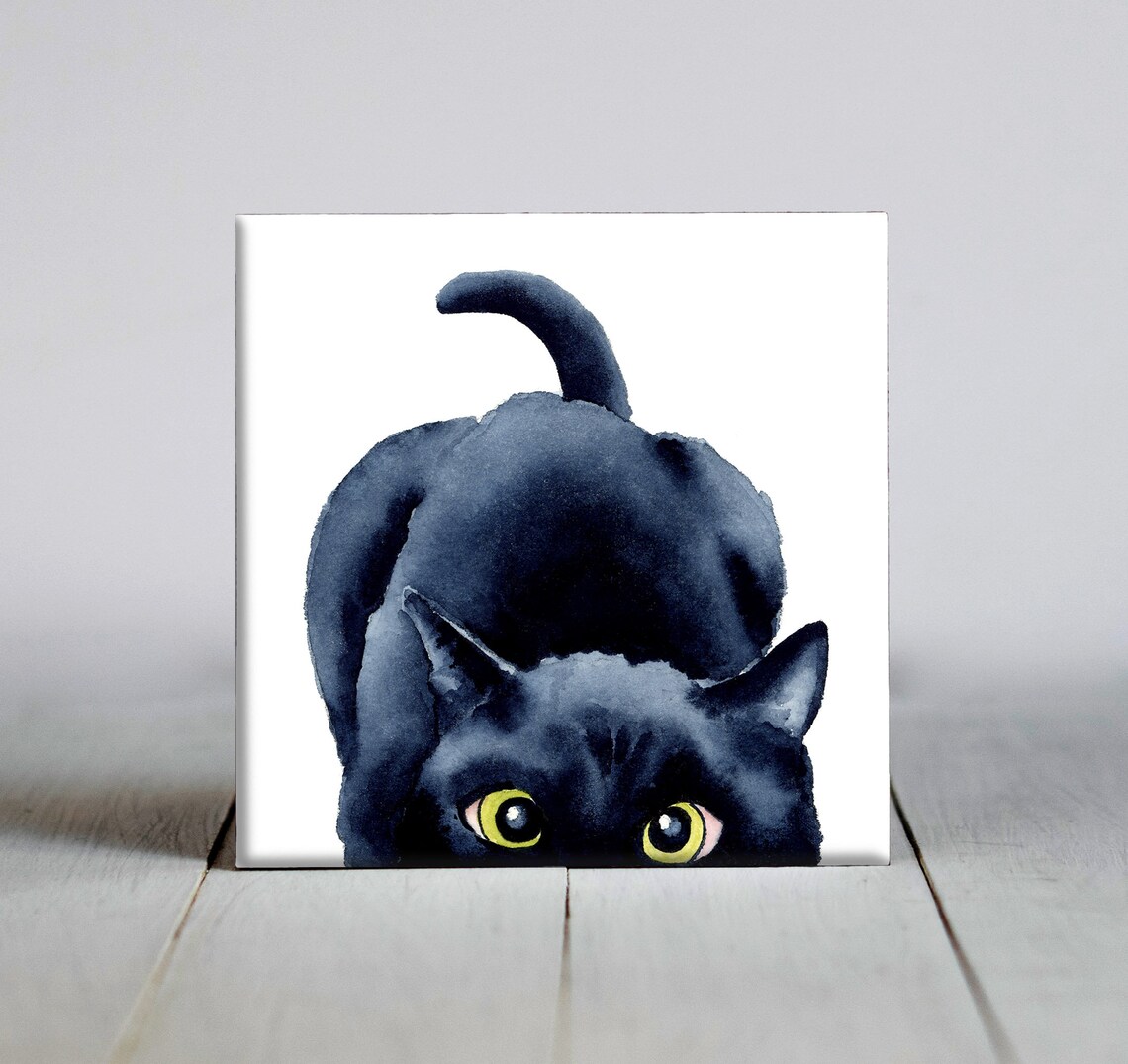 Black Cat Peeking Art Print, Unique Pet Lover Gift