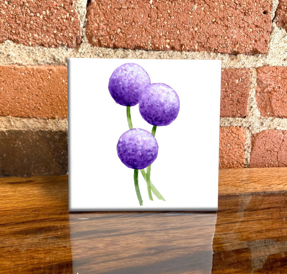 Purple Allium Pom Pom Flower Heads Watercolor Ceramic Tile Wall Art