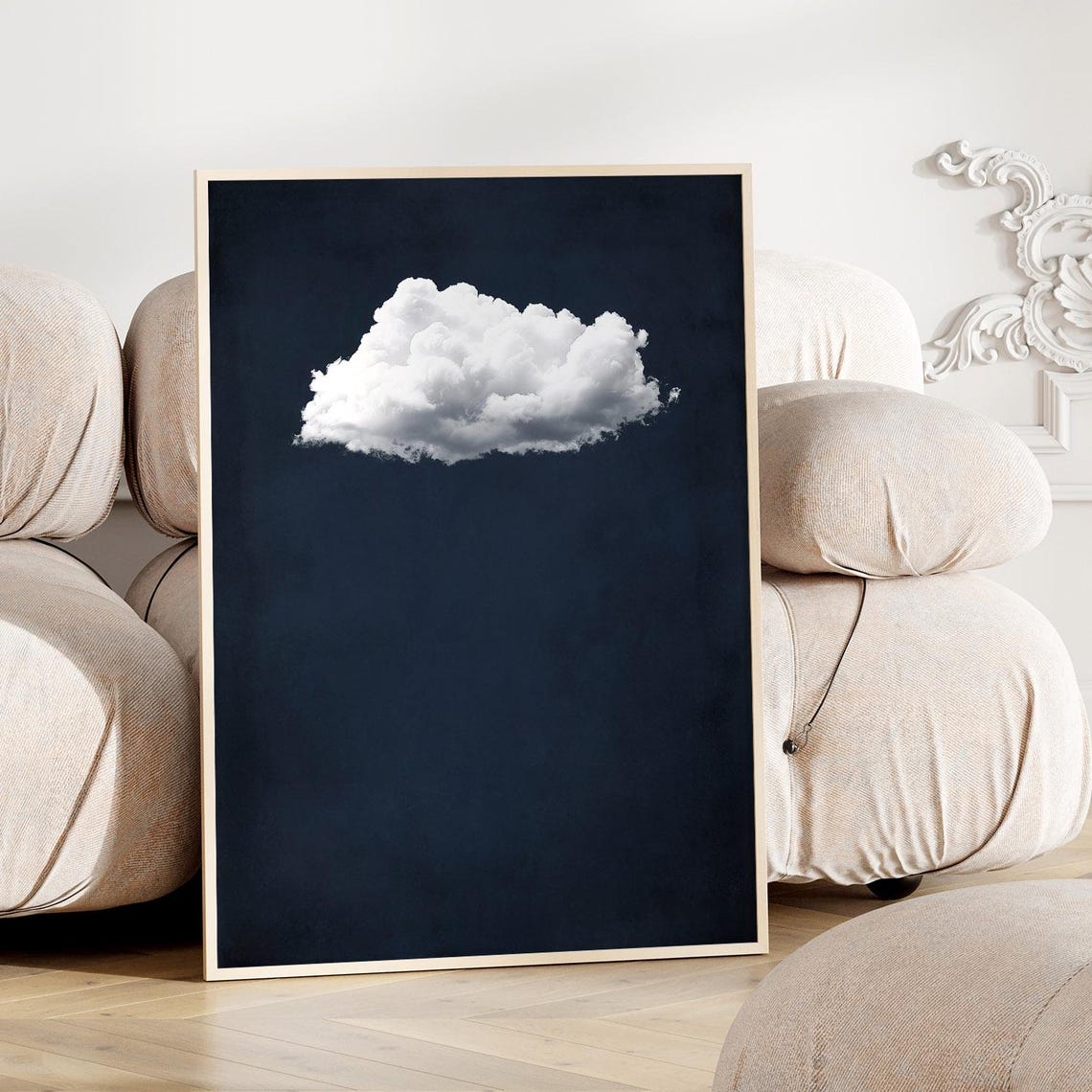 Navy Blue Cloud Minimalist Large White Cloud Calm Night Sky Poster