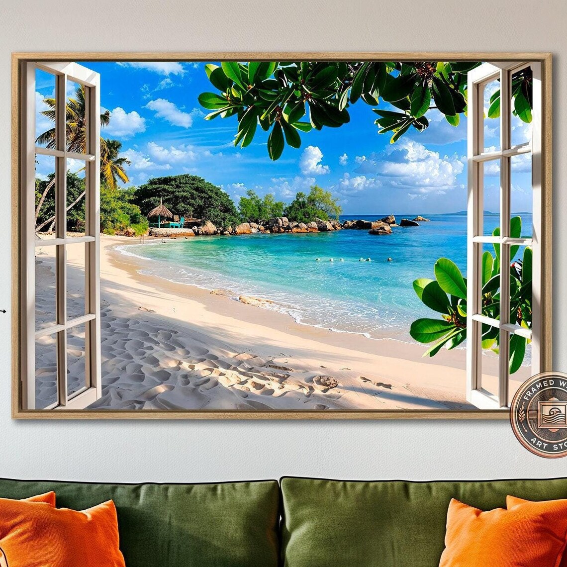 Tropical Beach Window View Art Print, Coastal Scene