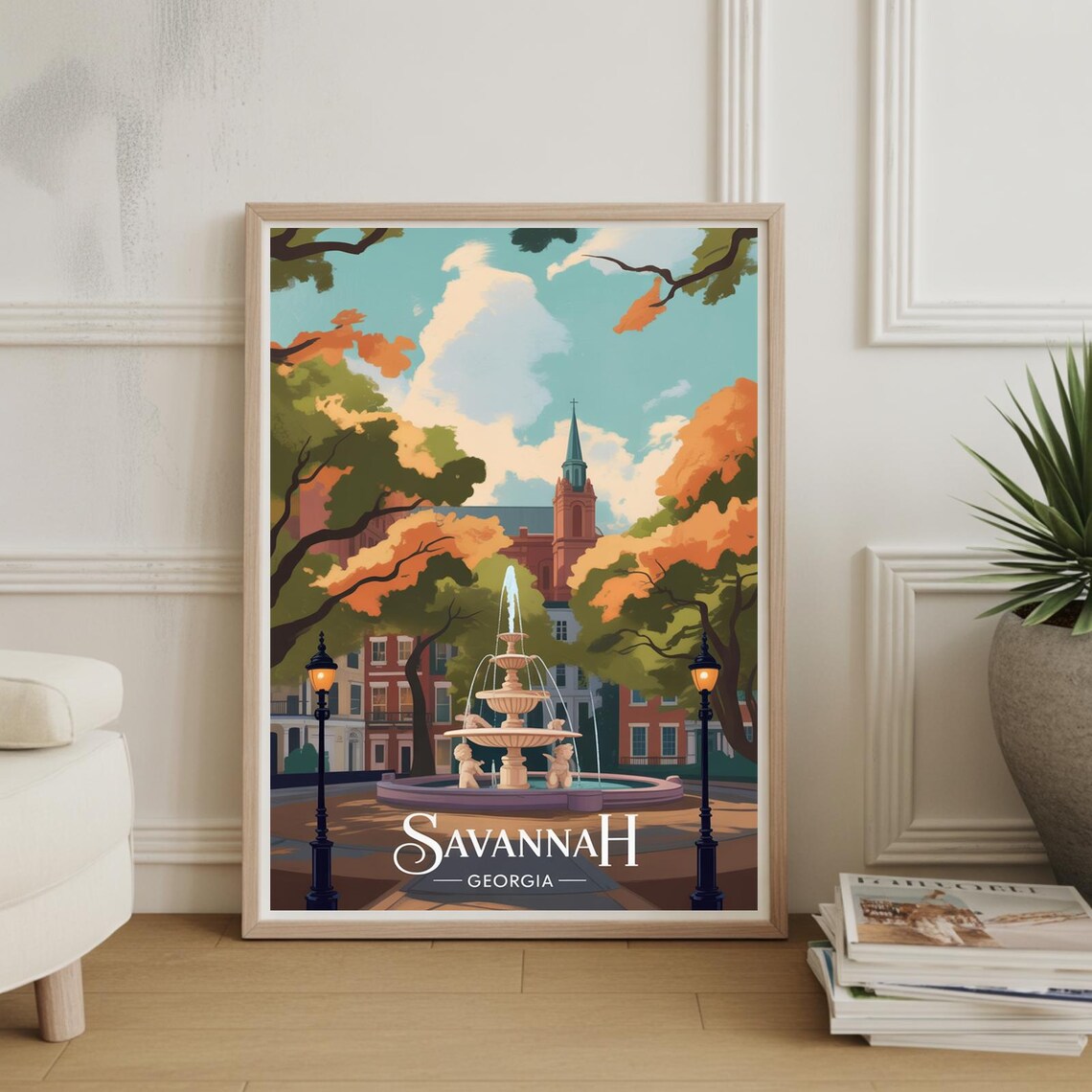 Savannah Georgia Travel Poster Historic Park Fountain And Oaks