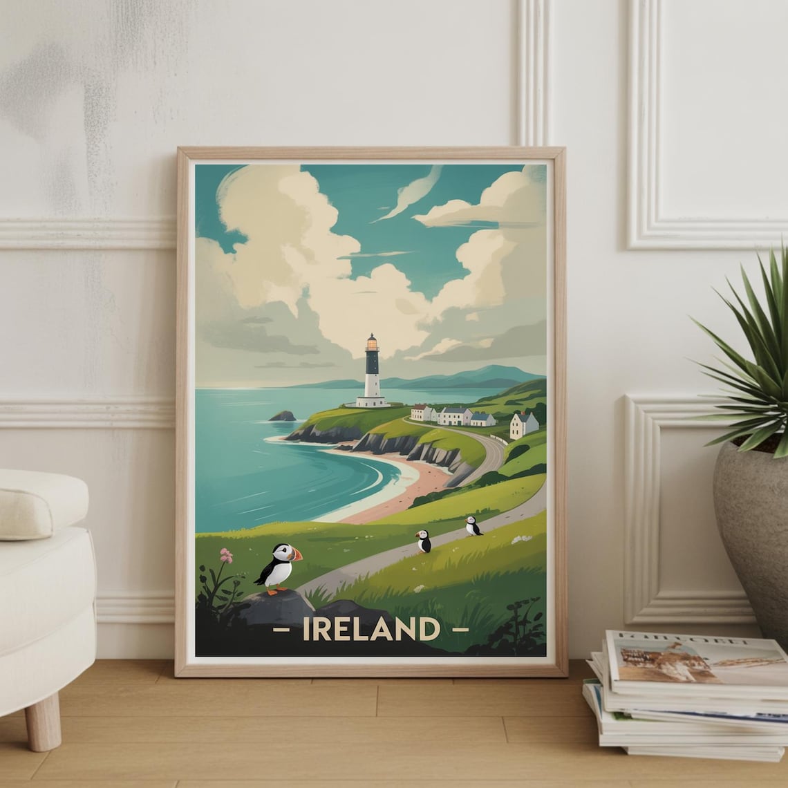 Ireland Coastal Lighthouse With Puffins Vintage Travel Poster