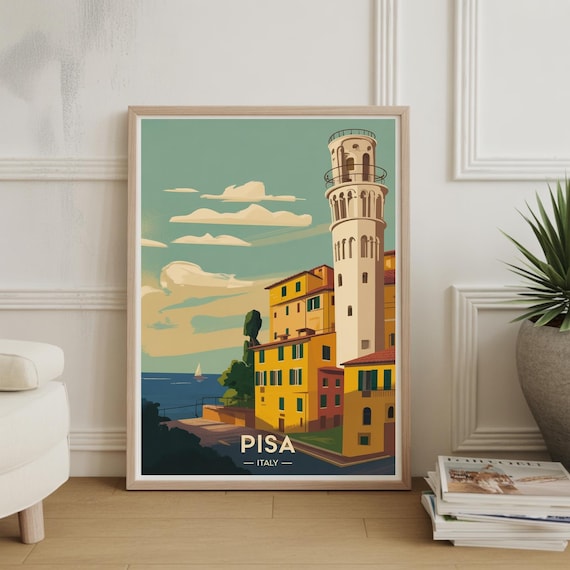 Pisa Leaning Tower Italy Vintage Coastal Travel Decor Poster