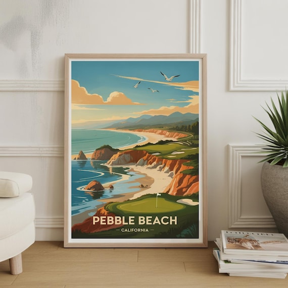 Pebble Beach California Golf Coast Cliffs Retro Travel Poster Art