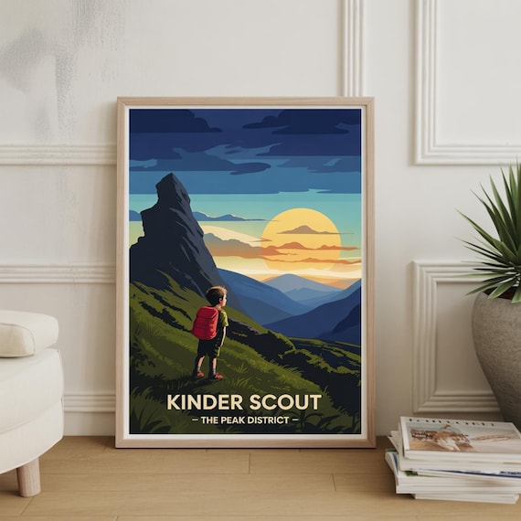 Kinder Scout Peak District Sunset Hiker Mountain Travel Poster