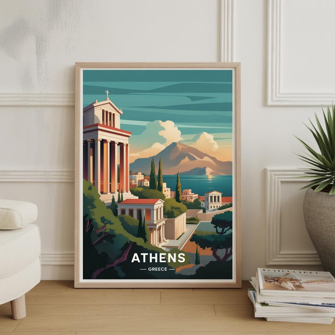 Athens Greece Ancient Temple Sunset Vintage Travel Art Poster