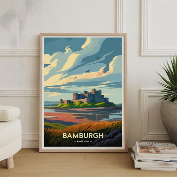 Bamburgh Castle England Vintage Travel Poster Coastal Seaside Art