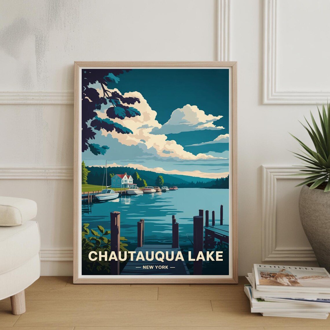 Chautauqua Lake New York Marina Sailboats Lakeside Vintage Travel Poster