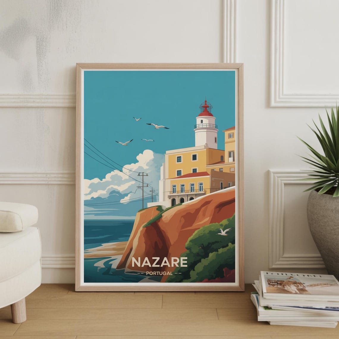 Nazare Portugal Travel Poster Lighthouse On Red Cliffs Coast
