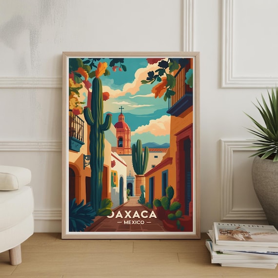 Oaxaca Mexico Cactus Street Colonial Church Colorful Travel Poster