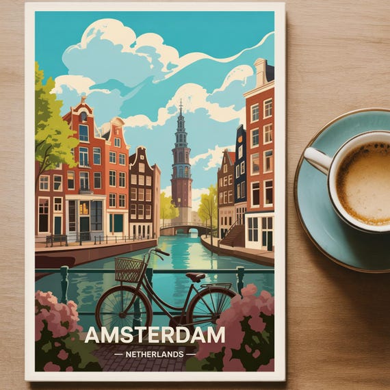 Amsterdam Cityscape Poster Netherlands Travel Art Dutch Landmarks Wall Decor European City Prints