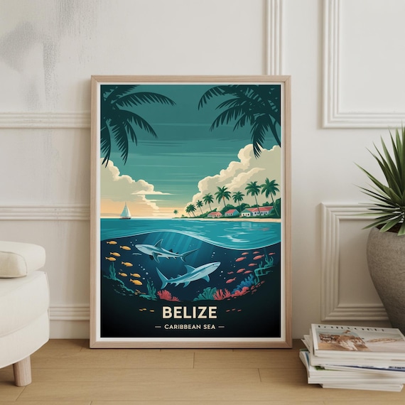 Belize Caribbean Sea Sharks Coral Reef Retro Illustrated Travel Poster