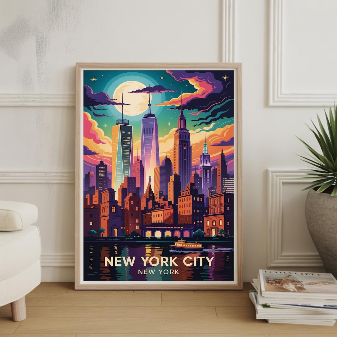 New York City Skyline Night View Travel Poster