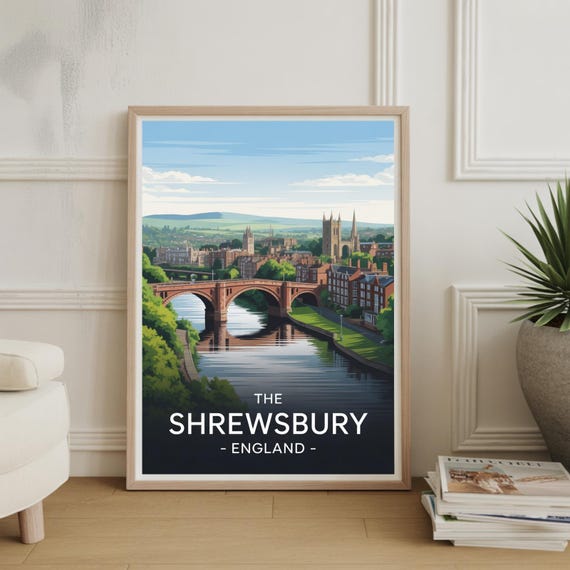 Shrewsbury Travel Poster England Cityscape Wall Art British Landmarks Illustration Home Office Decor Lover Gift