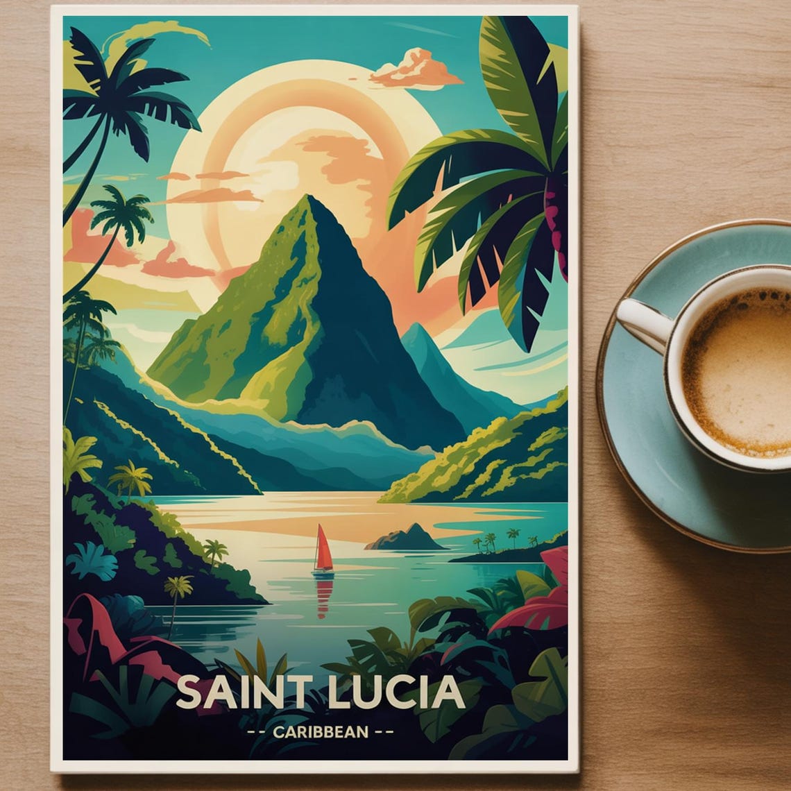 Saint Lucia Caribbean Pitons Sunset Retro Tropical Travel Poster
