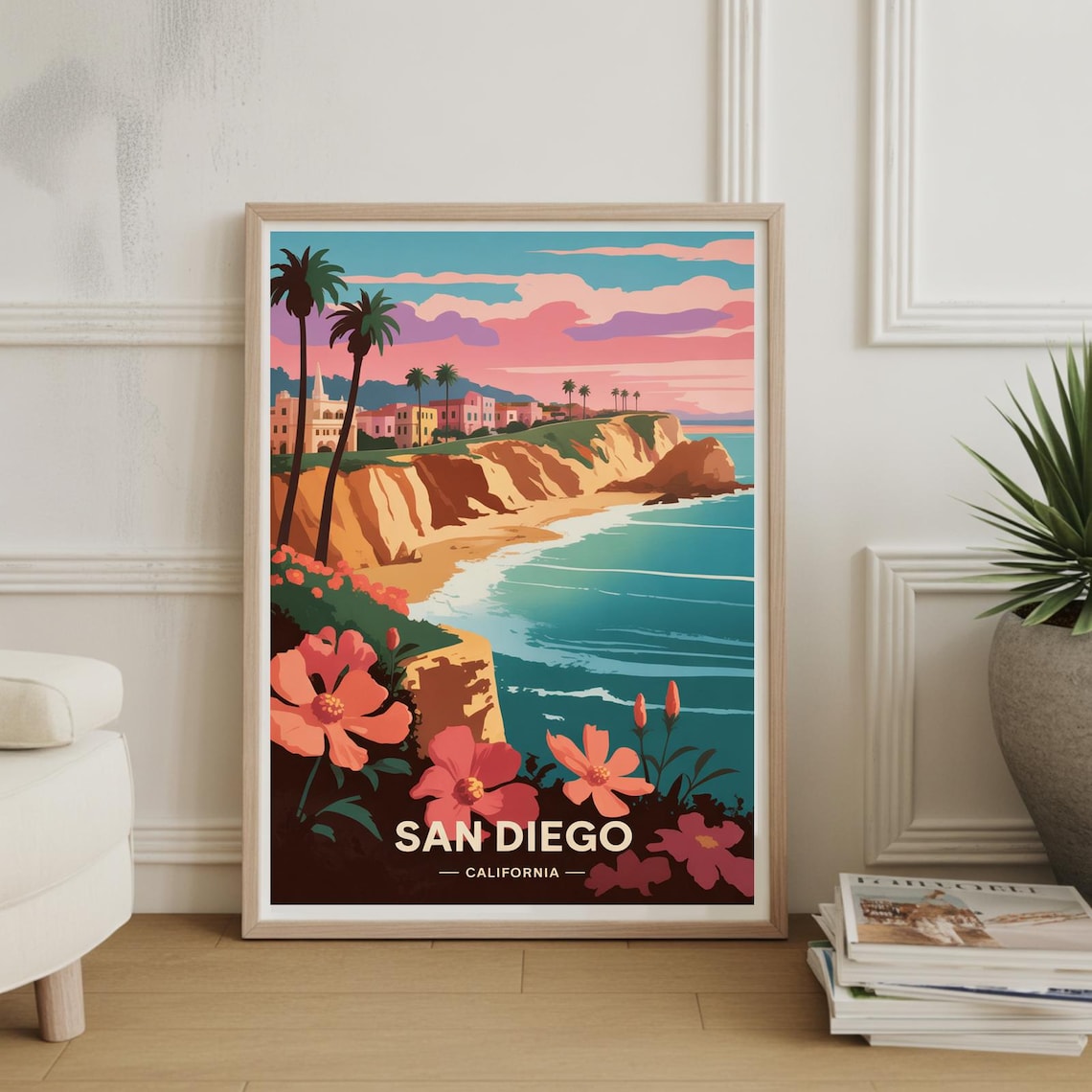 San Diego California Coastal Cliffs Sunset Retro Travel Poster Art