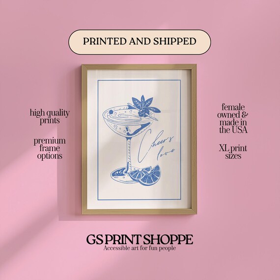 Cheers Love Cocktail Coupe Blue Line Art Minimalist Bar Poster