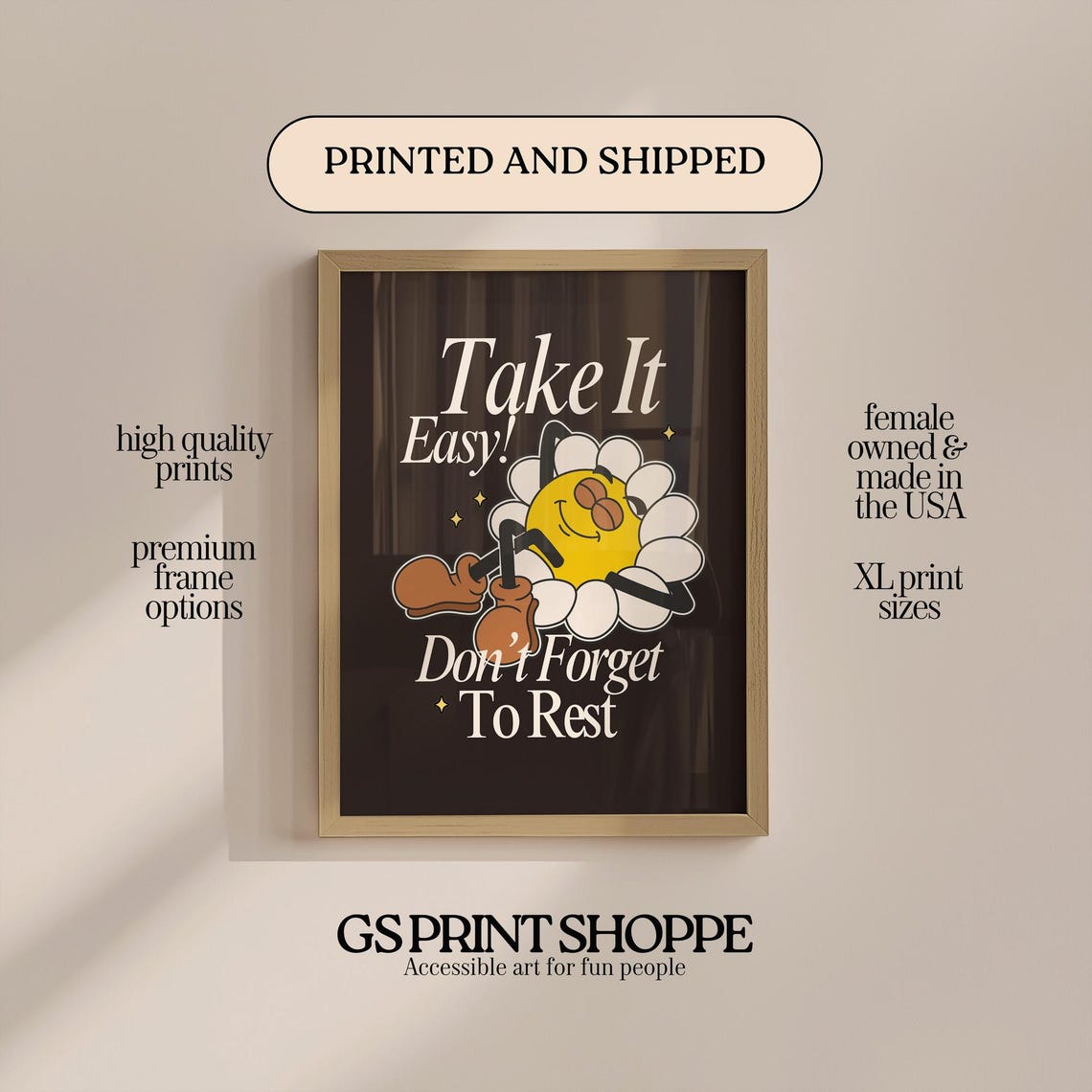 Take It Easy Daisy Character Rest Quote Retro Brown Wall Art