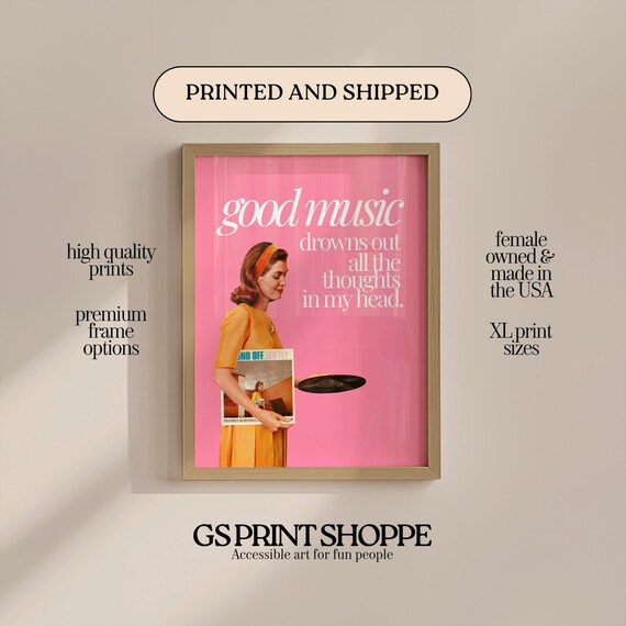 Good Music Drowns Out All the Thoughts Retro Pink Vinyl Quote Print