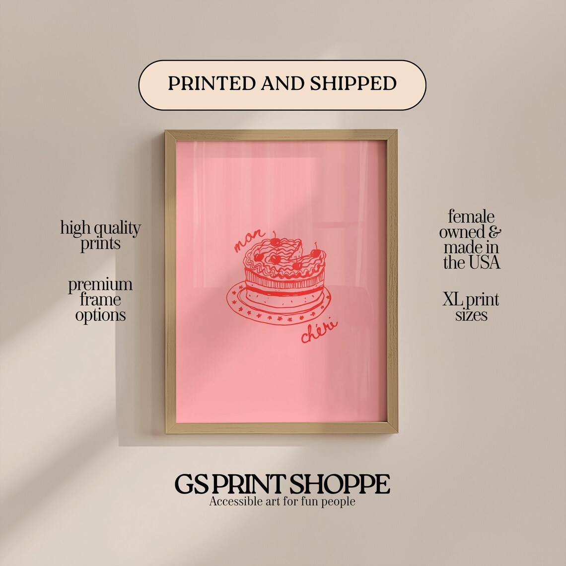 Mon Cheri Cherry Cake Red Line Drawing Pink French Cafe Art Poster