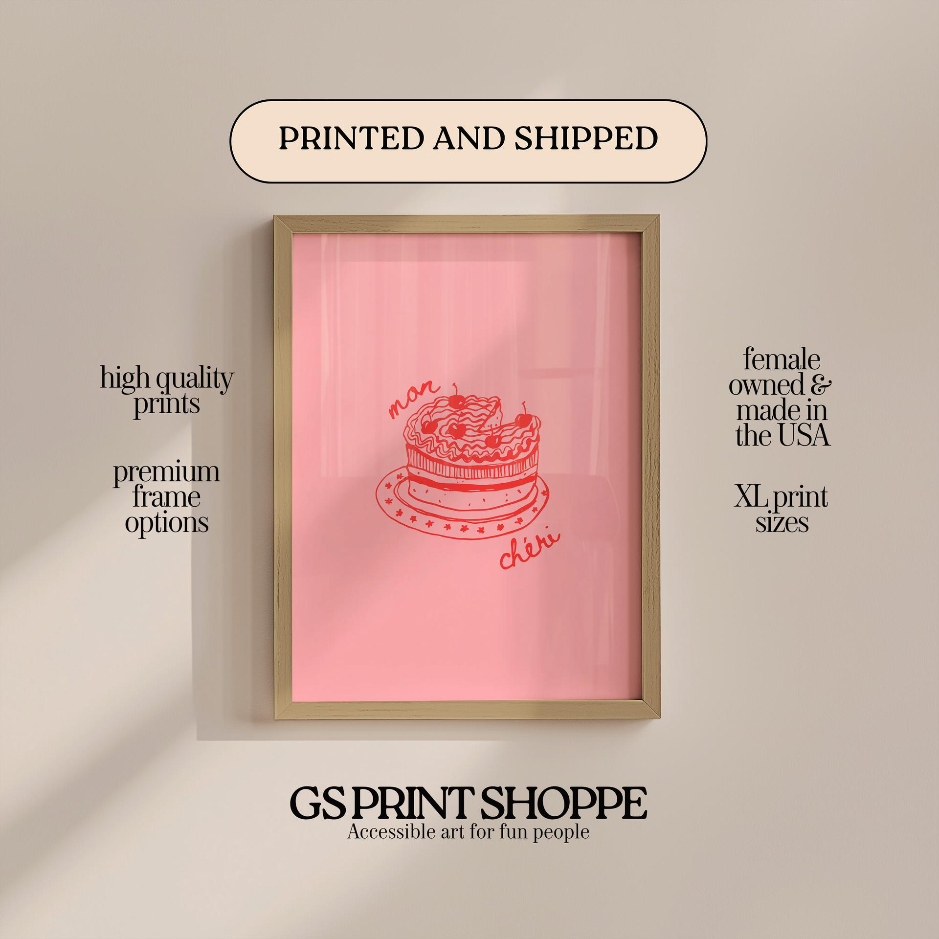 Mon Cheri Cherry Cake Red Line Drawing Pink French Cafe Art Poster