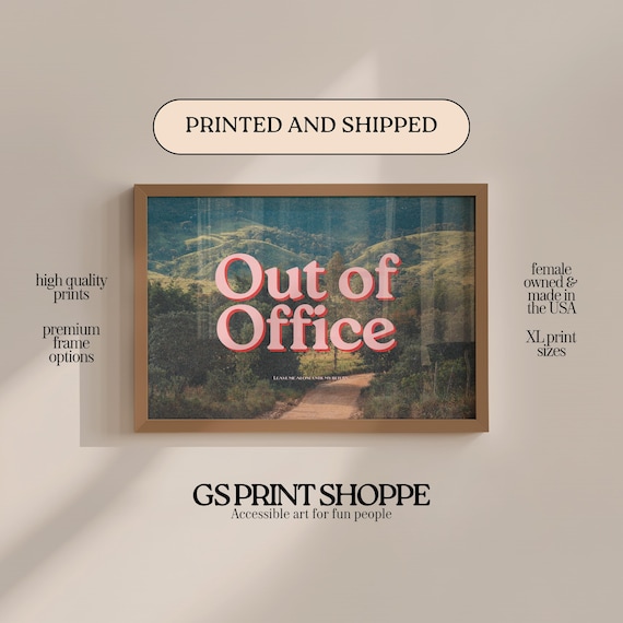 Out Of Office Pink Typography Poster Rolling Hills Retro Travel Quote Sign