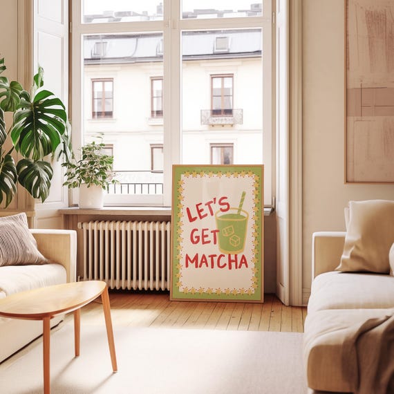 Matcha Poster Retro Drink Art Cafe Poster Matcha Latte Print Trendy Green Print Mid Century Matcha Sketch Kitchen Print