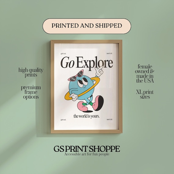 Go Explore Colorful Planet Poster with Sunglasses Retro Travel Mascot Art