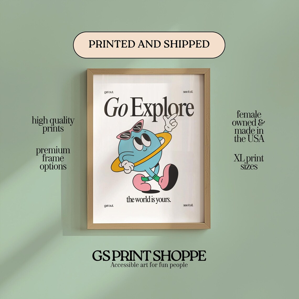 Go Explore Colorful Planet Poster with Sunglasses Retro Travel Mascot Art