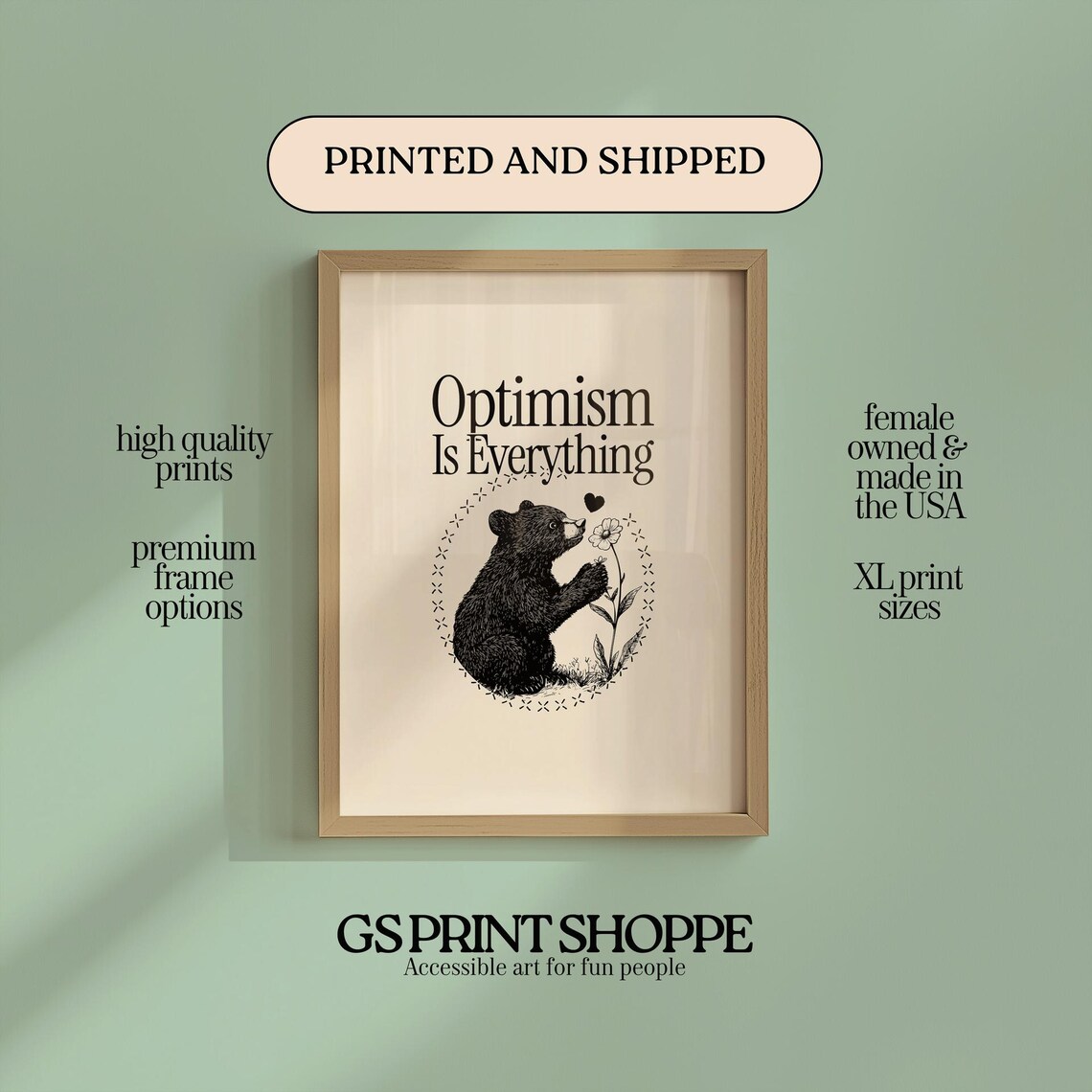 Optimism Is Everything Cute Bear Cub with Flower Quote Art Poster