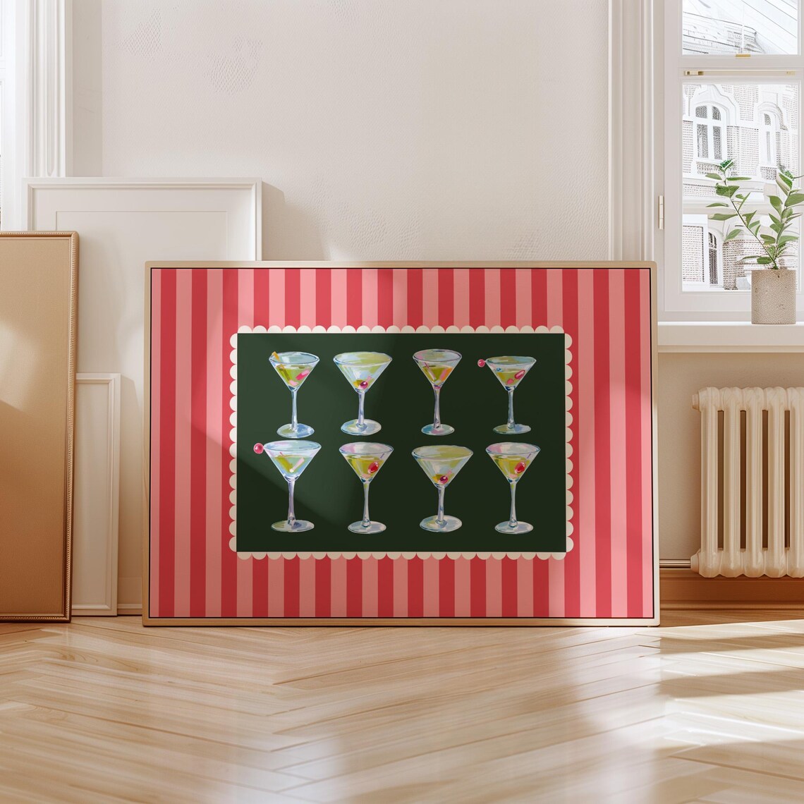 Eight Martini Glasses Dark Green Retro Cocktail Party Bar Cart Poster