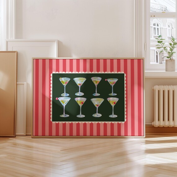 Eight Martini Glasses Dark Green Retro Cocktail Party Bar Cart Poster