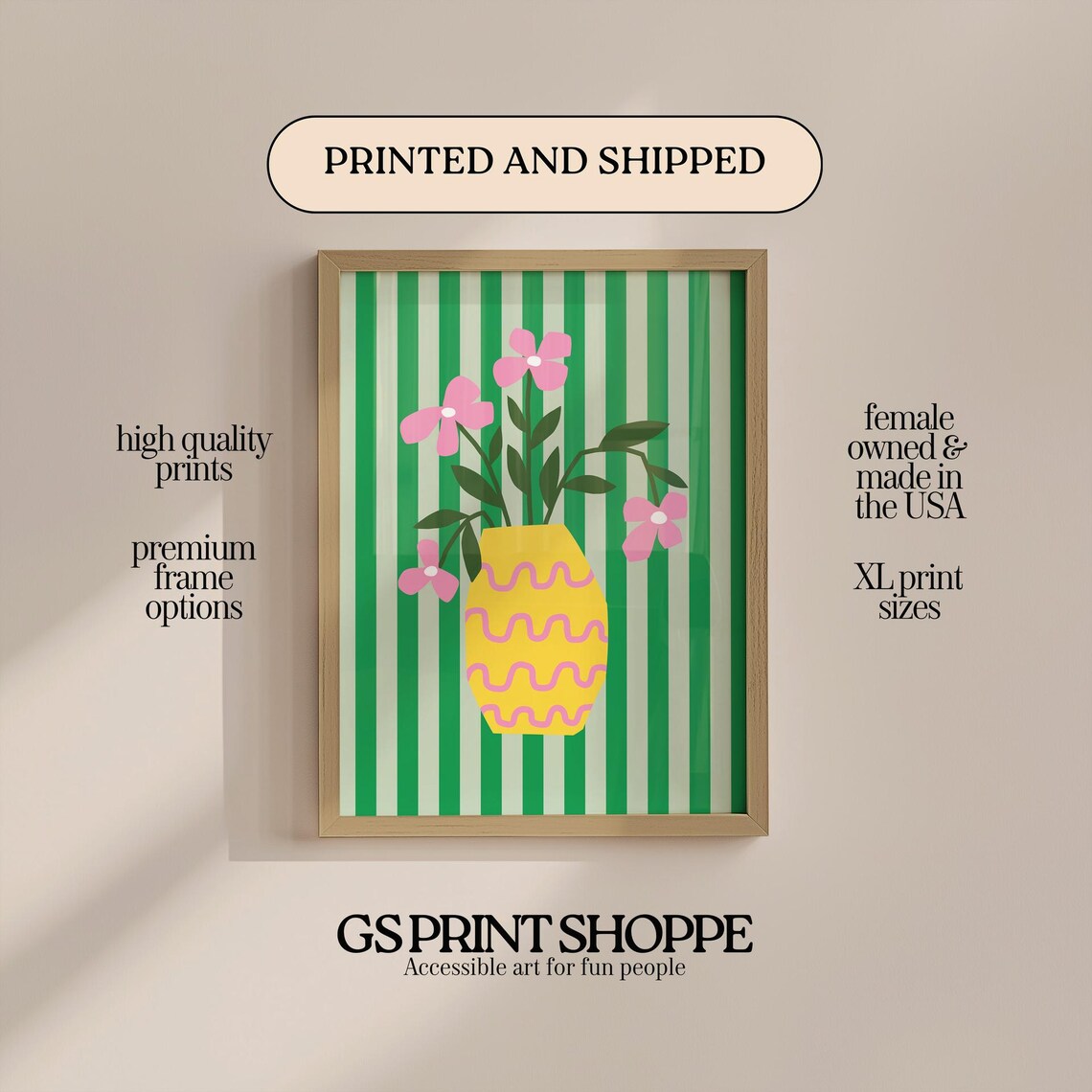 Pink Blooms In Yellow Wavy Vase Green Stripes Funky Art Poster