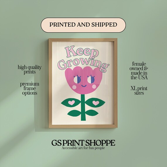 Keep Growing Cute Pink Flower Happy Motivational Quote Wall Art
