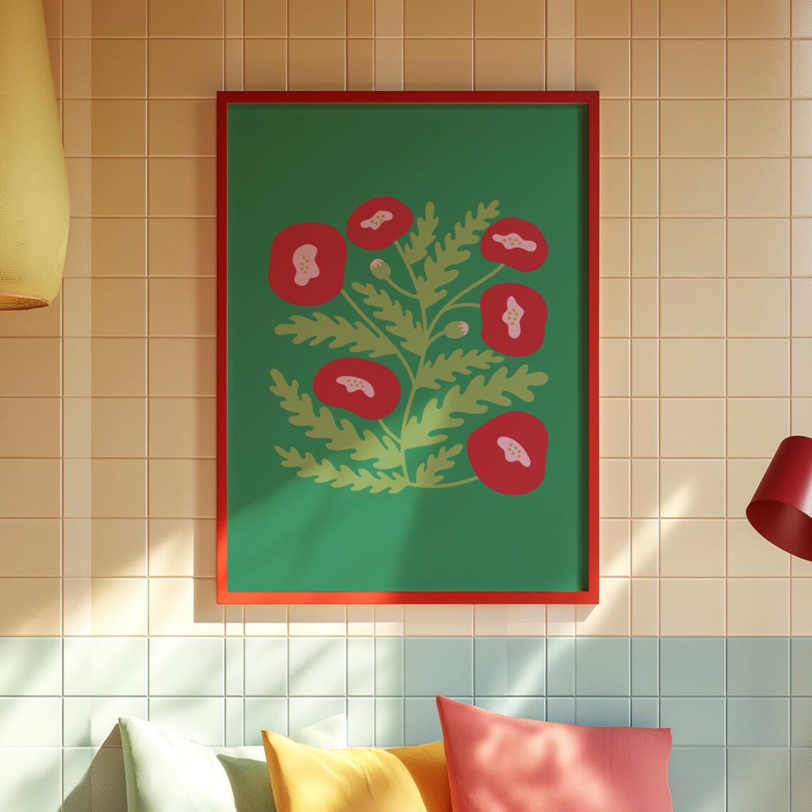 Red Poppies Emerald Green Background Modern Bold Floral Art Print