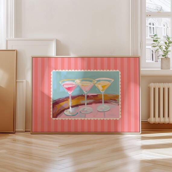 Three Martini Glasses Pink Cocktail Party Watercolor Bar Cart Poster