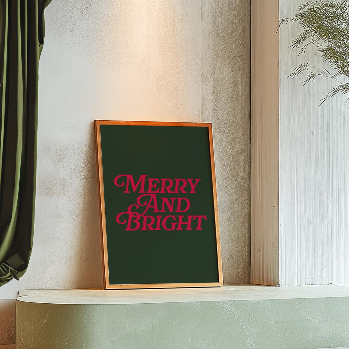 Merry And Bright Red Script Dark Green Minimalist Christmas Poster - Image 2
