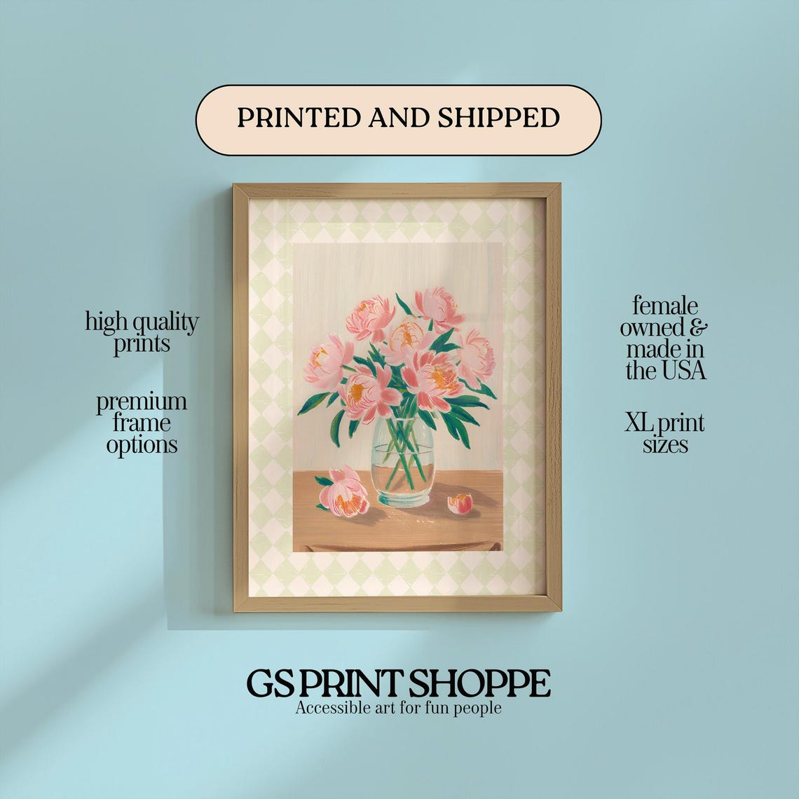 Pink Peonies in Glass Vase on Checkered Border Floral Poster