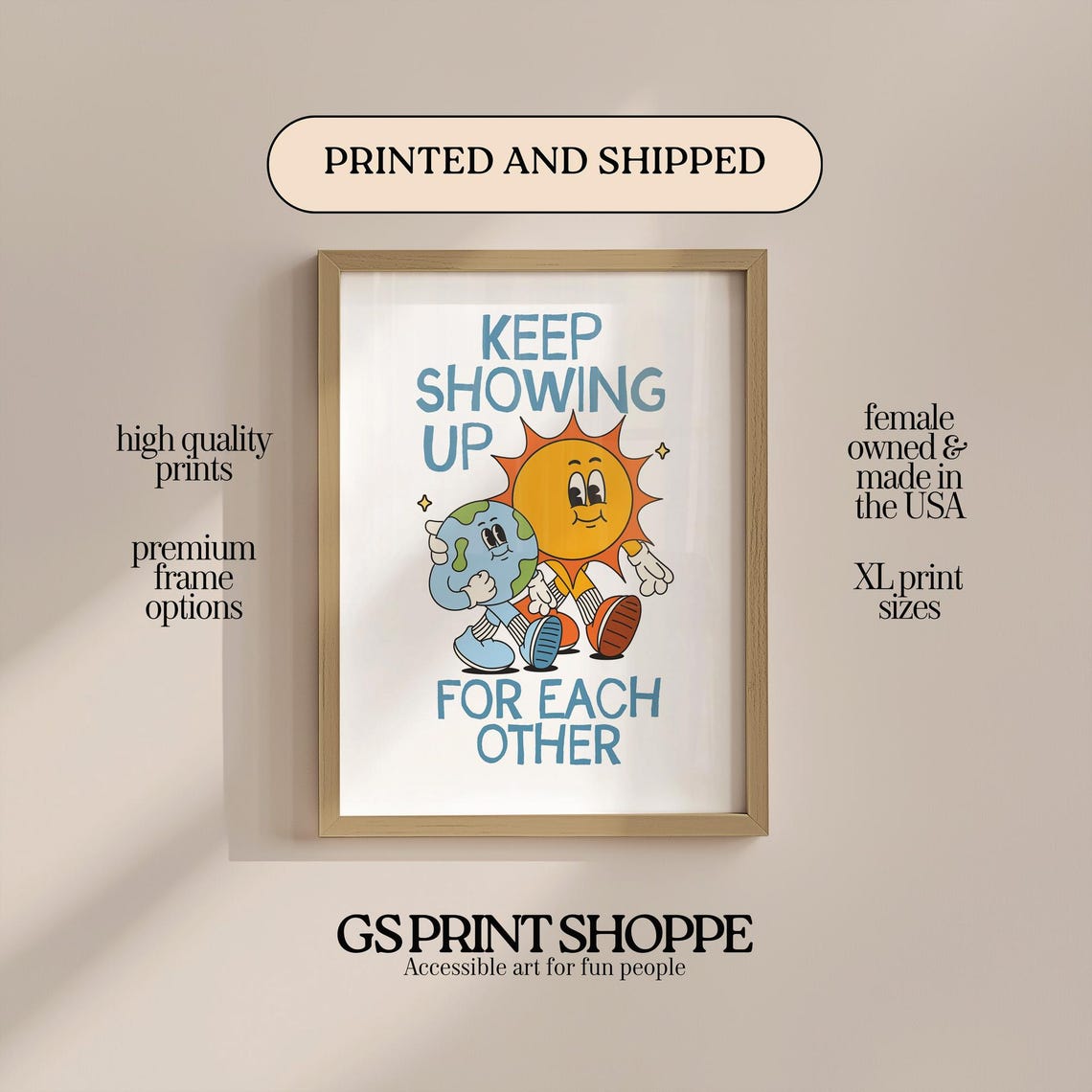 Keep Showing Up For Each Other Retro Sun Earth Cartoon Poster
