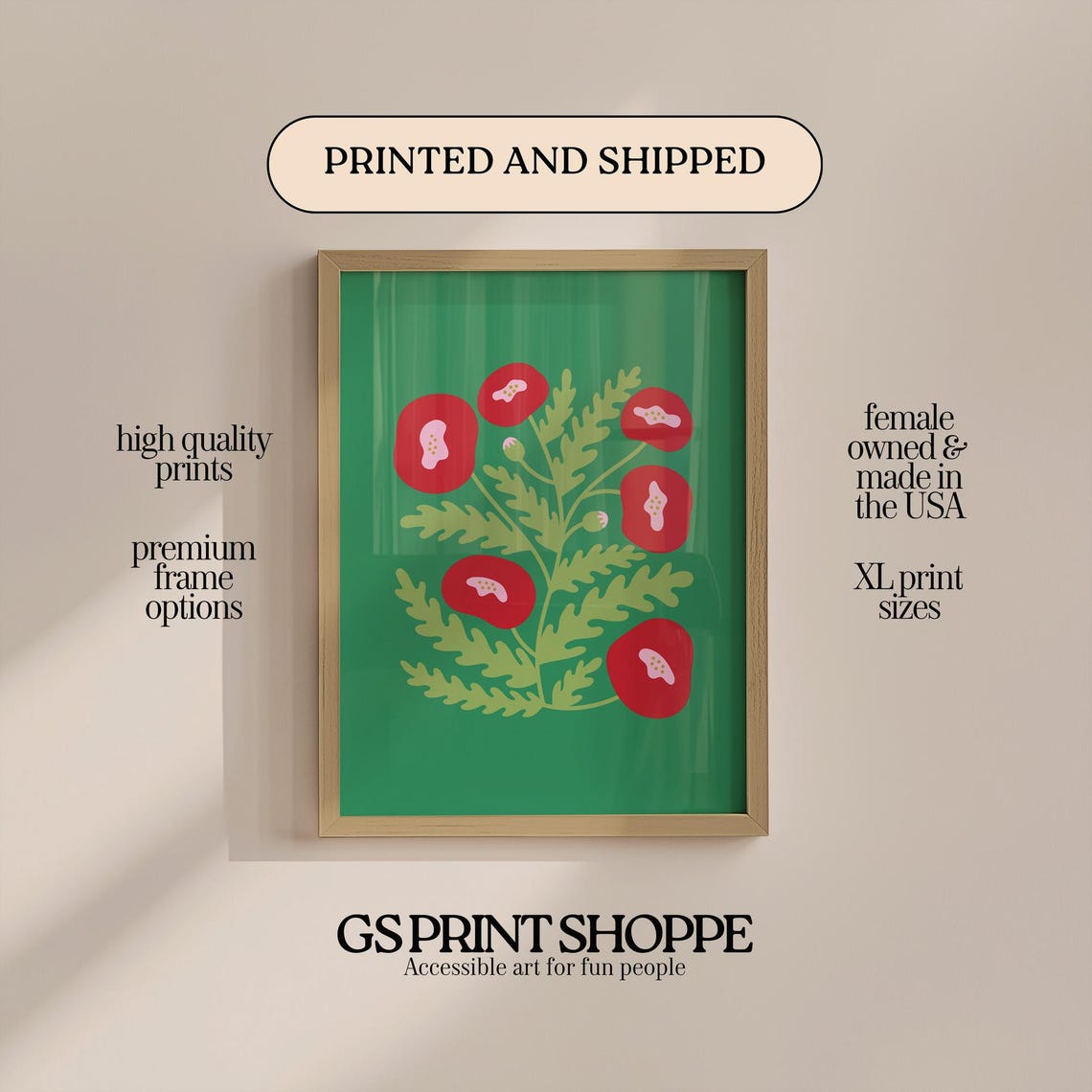 Charming Red Poppy Folk Art Print on Bright Green Background