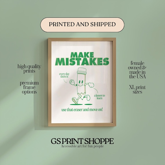 Make Mistakes Green Pencil Cartoon Character Motivational Poster
