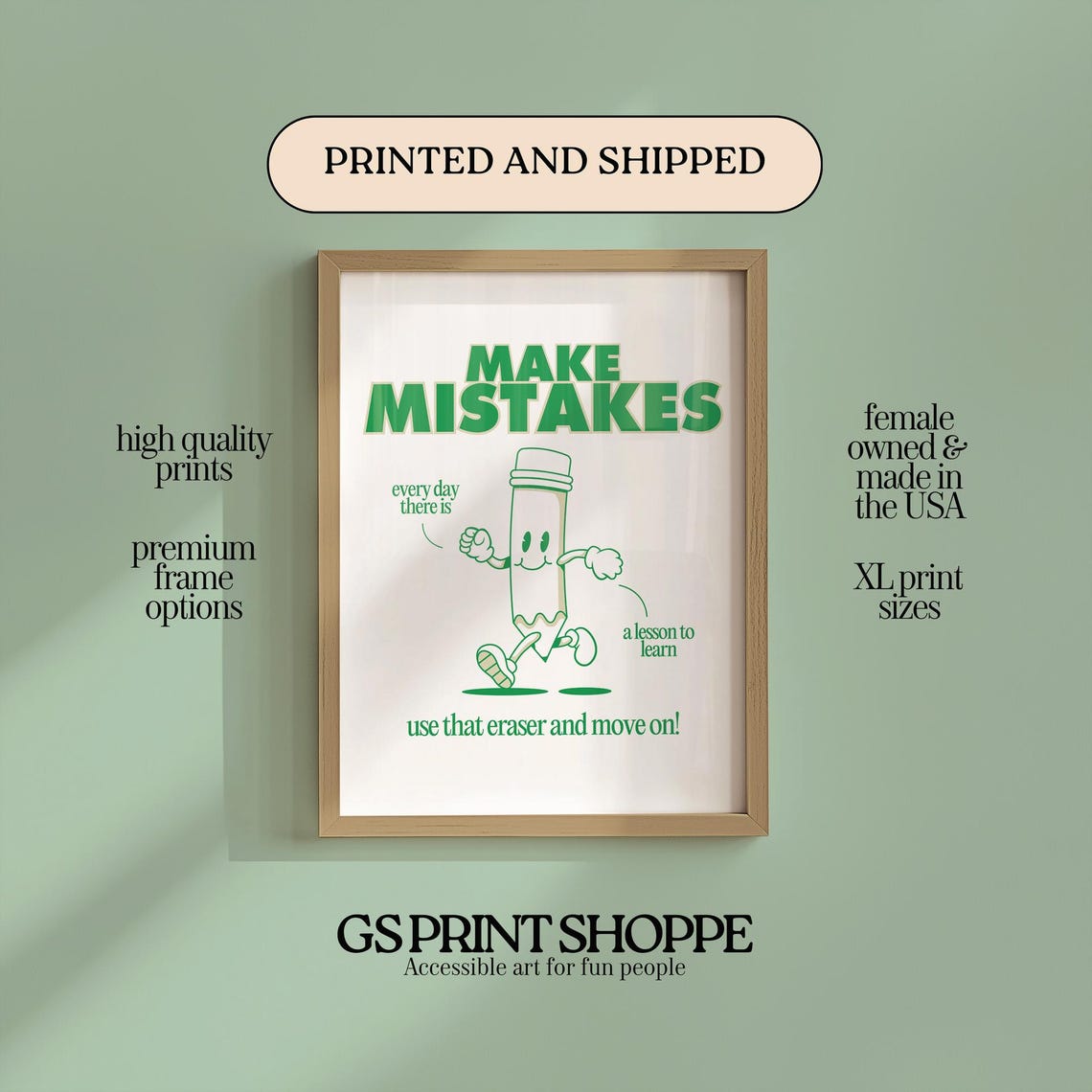 Make Mistakes Green Pencil Cartoon Character Motivational Poster