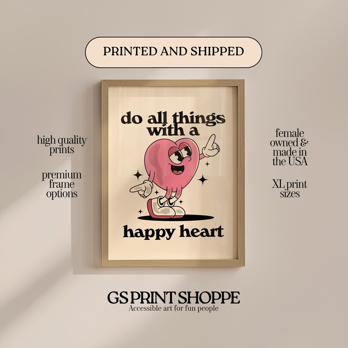 Do All Things With A Happy Heart Retro Cartoon Quote Gift Poster