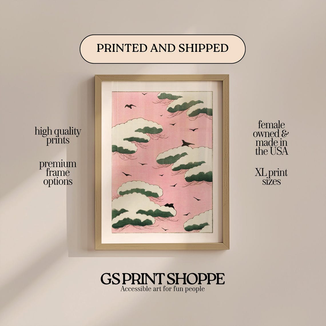 Pink Waves Japanese Woodblock Pine Sea Vintage Bird Wall Art