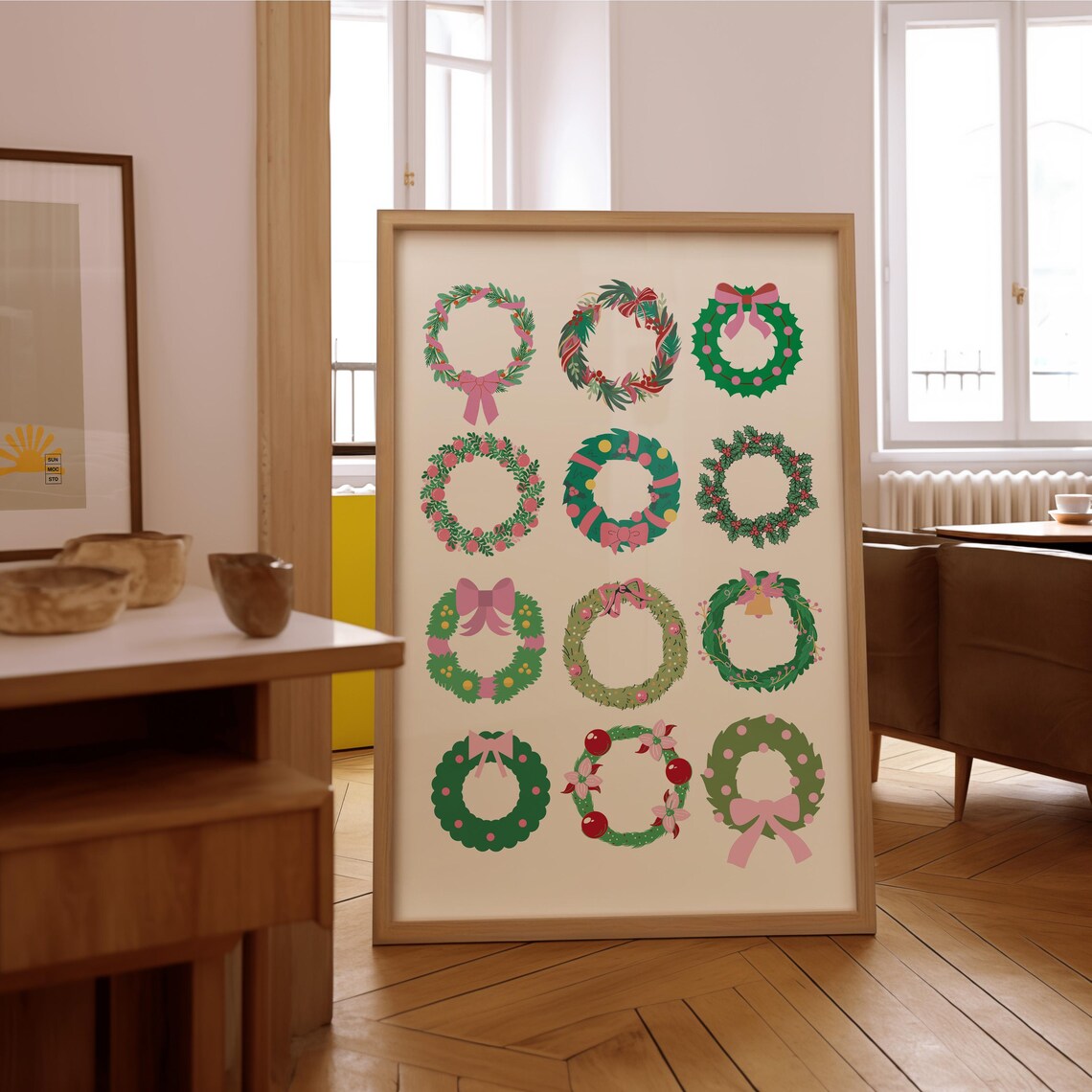 Twelve Christmas Wreaths Grid Pink Green Holiday Botanical Art Poster