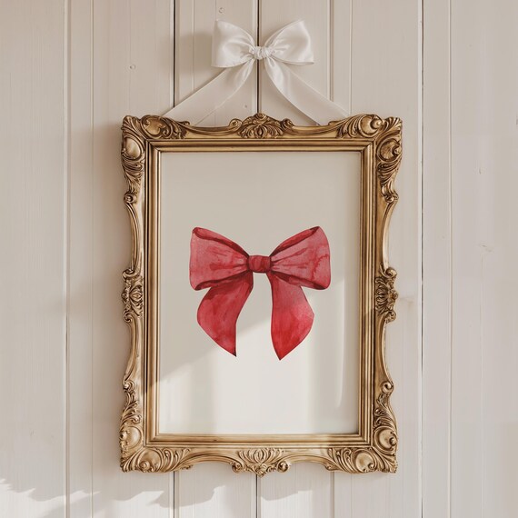 Vintage Red Bow Watercolor Gold Frame Christmas Decor Poster