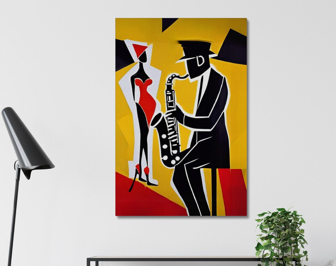 Jazz Saxophonist And Red Dress Woman Bold Pop Art Music Wall Poster