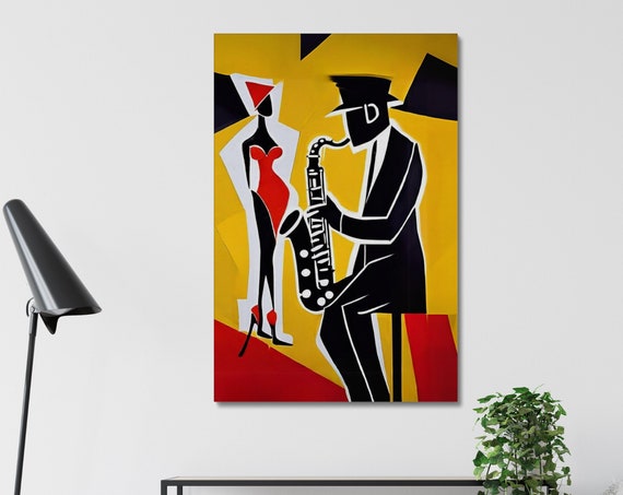 Jazz Music Cubism Wall Art Elegant Jazz Themed Geometric Art Musical Wall Decor Saxophone Player And Woman Stretched 125